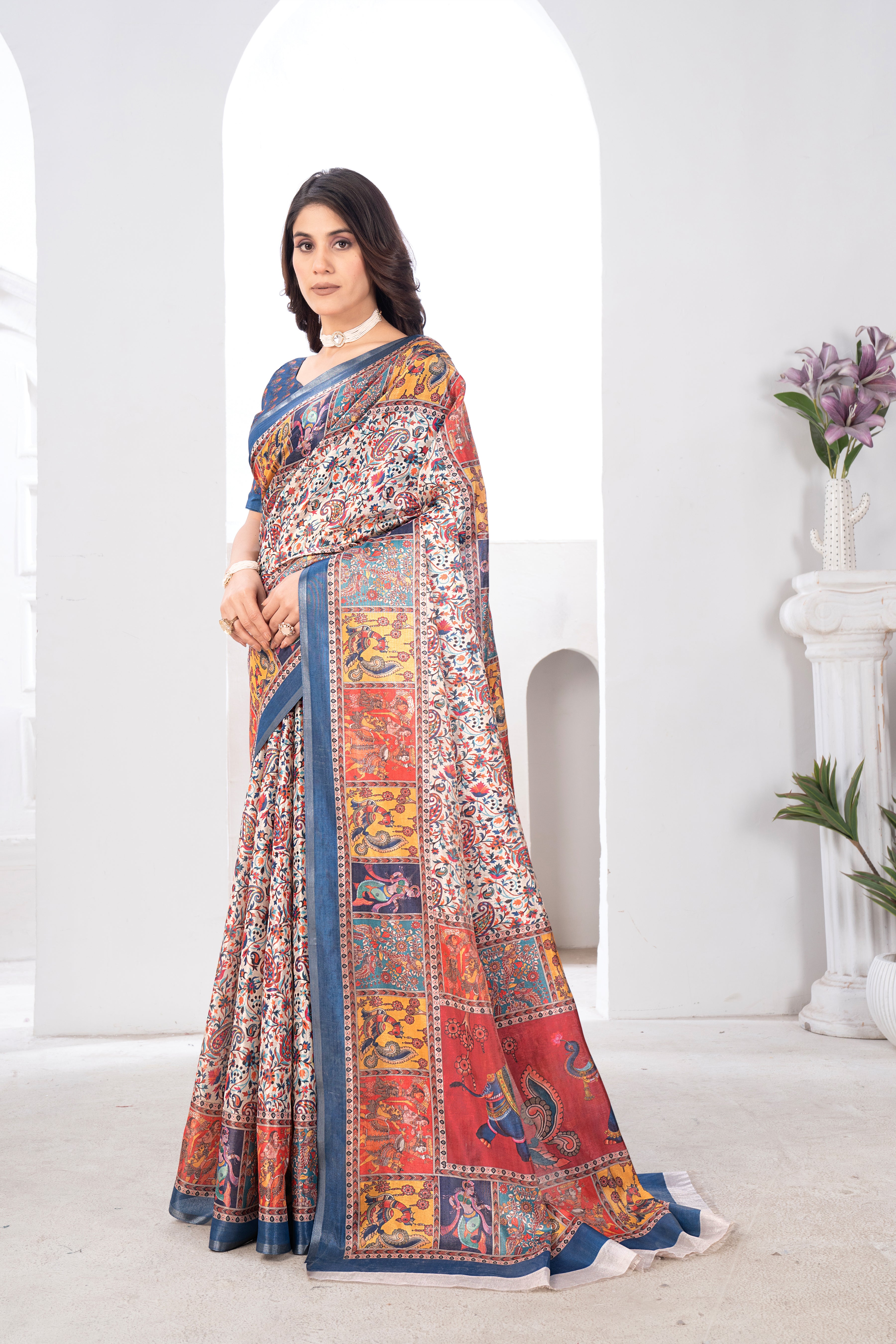 Multicolour Charcoal Tissue Kalamkari Saree